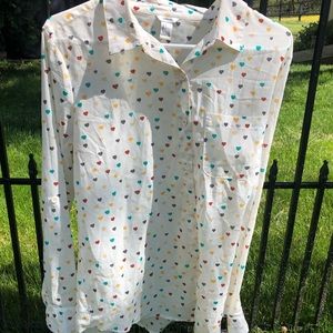 White Button Up Top with Heart Pattern